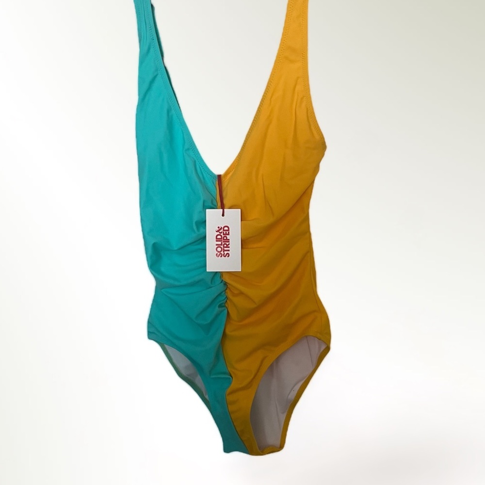 NWT Solid & Striped Lucia Ruched Colorblock Ruched Bathing Suit - Picture 2 of 5